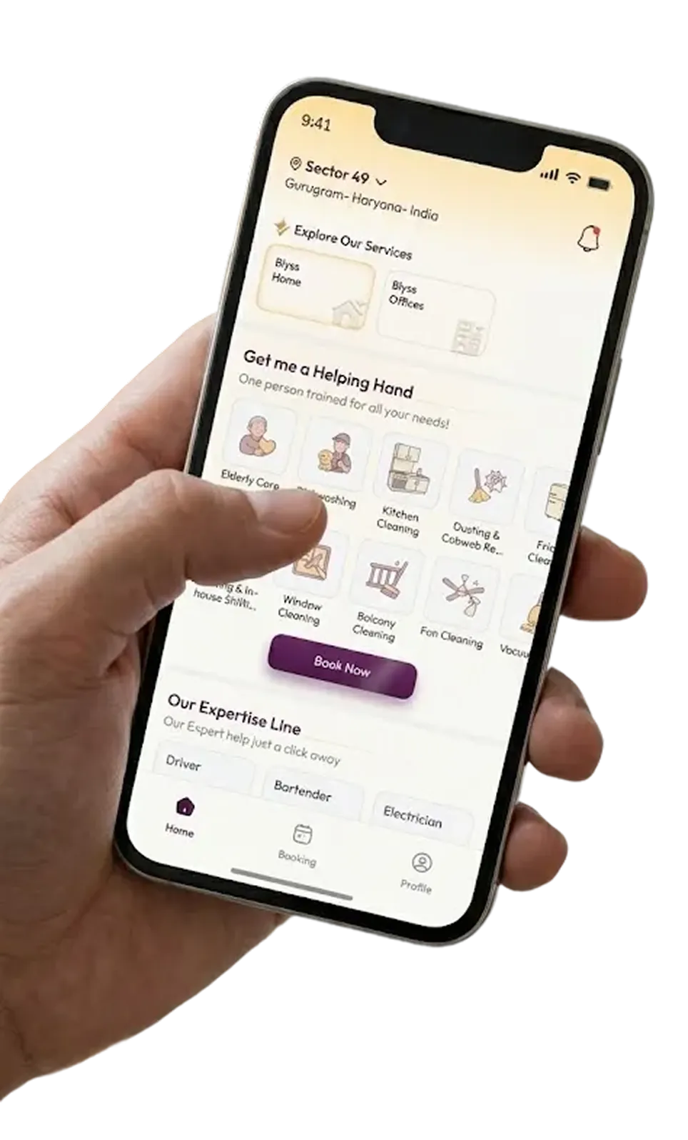 Blyss mobile app interface showing service categories